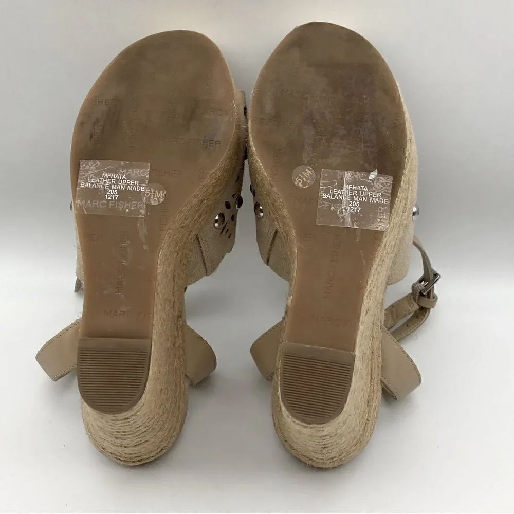 Marc Fisher HATA Cutout Leather Upper Wedge Sandals Tan Color Size 5,5